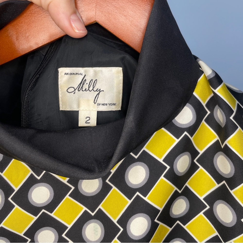 Vintage MILLY of New York Yellow/Green & Black Geometric Silk Mini Dress Size 2 - Picture 3 of 6